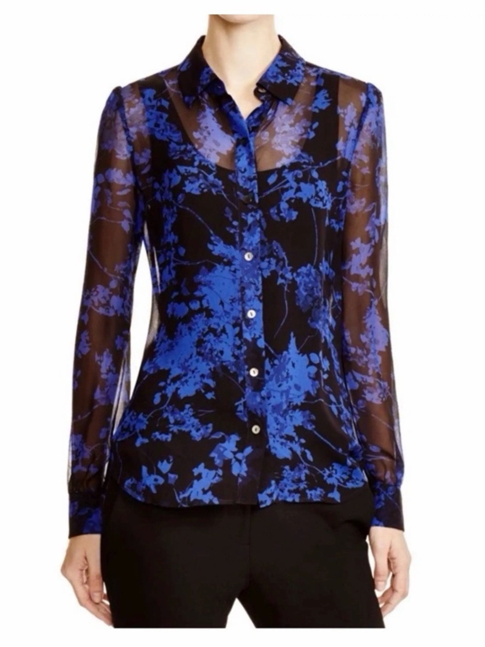Diane Von Furstenberg Black and Blue Floral Button-Up Blouse